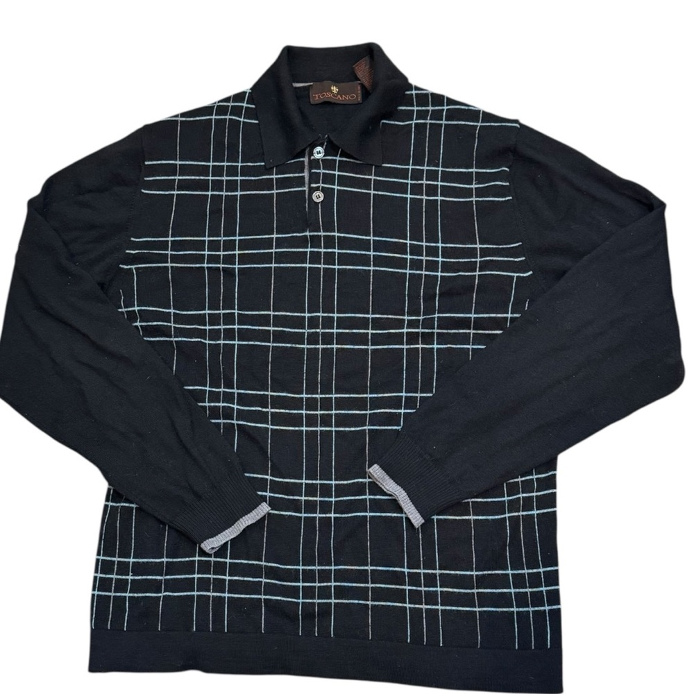 Toscano Merino Wool‎ Blend Black Plaid Knit Polo Sweater Sz M Italy Preppy VTG